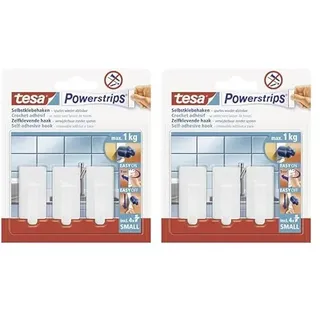 tesa Powerstrips Haken Small CLASSIC - Selbstklebender Wandhaken für Glas, Kacheln, Holz, Kunststoff und andere Untergründe - Weiß (Packung mit 2)
