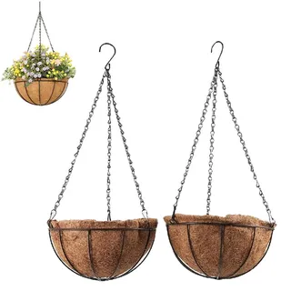 DUOHERESHUI 2 Stücke Blumenampel Kokos, Dekorative Blumenampeln, Metall Blumenampel, Pflanzenampel Kokos, Hängender Pflanzkorb, mit Kokos Liner, Für den Indoor und Outdoor Pflanzenanbau, 10 inch