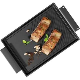 CAZOOO Grillplatte 38x21 cm mit Seitengriffen Aufhängeloch glatte antihaftbeschichtete Plancha aus Gusseisen Guss für alle Herdarten inkl. Induktion & Backofen