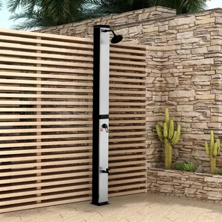 Home Deluxe - Solardusche OLYMP - 40L Wassertank, integrierte Fußdusche, PVC, Gebürstetes Nickel / Schwarz, einfache Montage I Gartendusche Außendusche Solardusche Garten Solar PVC Dusche Sommer - Silber, Schwarz