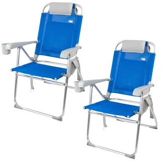 AKTIVE 2er-Pack klappbare Strandstühle, 47 x 63 x 99 cm, 8 Positionen, Blau, Tragkraft 110 kg, Inklusive Kissen, Getränkehalter, Taschen, Tragegriffe, Kippschutz, Textilene-Gewebe (85482)