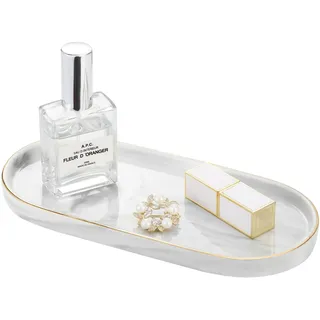 Luxspire Schmuck Tablett mit Goldrand, Ovales Kosmetiktablett Hitzebeständig Keramik Badezimmertablett Küchen Platte Schmuckaufbewahrung Organizer für Badezimmer Schlafzimmer, S Größe, Marmor Weiß