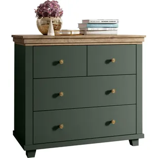 Kommode Landhausstil EPSOM-83 mit 4 Schubladen, in grün mit Lefkas Eiche Nb., B/H/T: ca. 90/80,5/42 cm - Grün