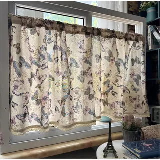 Yaland Leinenoptik Scheibengardine Bistrogardine Landhaus Kurz Küche Küchengardine Stangendurchzug mit Schmetterlingmuster Bunt Kleinfenster 1 Stück HxB 50x140cm