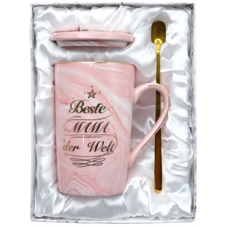 BOKALAKA Muttertagsgeschenk für Mama, Mutter Geschenk, Mama Geschenke Geburtstagsgeschenk, Beste Mama der Welt - 400 ml Rosa Keramik Kaffeetasse, mit Deckel, Löffel und Geschenkbox