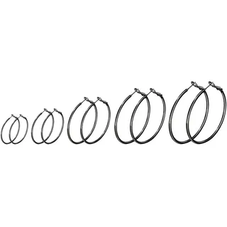 JewelryWe Schmuck 5 Paar Creolen Ohrringe Set Edelstahl Groß Rund Hängend Huggie Ohrringe Ohrhänger für Damen Mädchen, Durchmesser 30 40 50 60 70 mm, Schwarz Gold Silber Rosegold