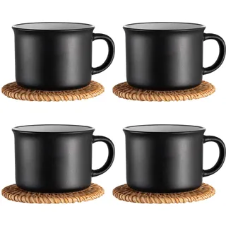 Cappuccino Tassen 4 Set Kaffeeservice Steingut 180ml, 8 Teiliges Kaffeeset, Tassen mit Untertasse Kaffeetassen Set Vintage Schwarz