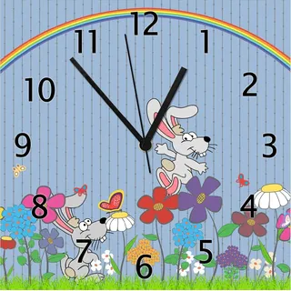 Wallario Design Wanduhr Süße Hasen unter einem Regenbogen aus Echtglas, Größe 30 x 30 cm - Blau