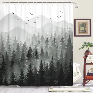 Accnicc Duschvorhang, Nebelwald, Dunkelgrau, Bergkiefer, wasserdichter Stoff, Duschvorhänge für Badezimmer, grau, Natur, Wald, dekorativer Badvorhang, Dekoration, 183 x 183 cm, Schwarz und Weiß
