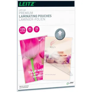 Leitz Laminierfolie, Laminierfolie A4 125 mic, Laminierfolien in Premium-Qualität im 25er Pack, Glänzend, Transparent, Vereinfachtes Einlegen durch UDT, iLAM, 74820000