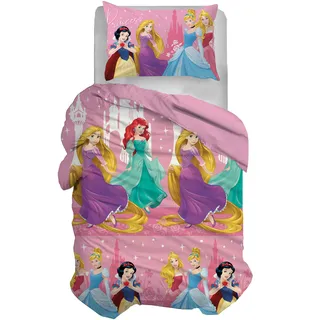 HERMET Disney Bettwäsche-Set für Einzelbett, Bettbezug + Kissenbezug, Bettbezug mit Kissenbezug, Bettbezug 155 x 200 cm, 100% Baumwolle, Prinzessinnen (kein Spannbettlaken)