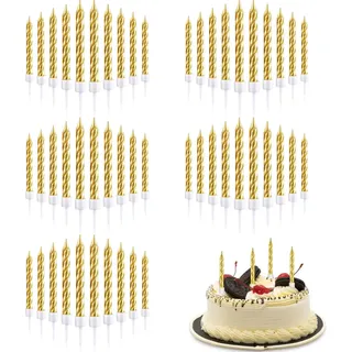 50 Stück Spiral Kuchenkerzen mit Metallhalterung - Geburtstagskerzen für Torten & Cupcakes, Hochzeitskerzen mit Spirale Design zur Kuchendekoration bei Geburtstagsparty, Hochzeit & Feiern (Gold)