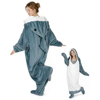 QUSLLIS Hai Kostüm Hai Decke – Marshmallow Decke mit Kapuze, Weicher Flanell Onesie Schlafsack Tragbare Decke für Erwachsene Kinder - XL