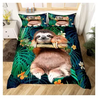 Kinderbett, niedlich, Faultier, Cartoon, Tiermotiv, Bettbezug für Jungen, Mädchen, Spaß, tropisch, Blätter, Blumen, Print, Bettwäsche, Set, 220x240 cm, Dekor für Themenzimmer, Natur