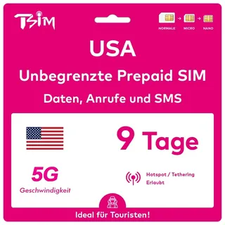 USA SIM-Karte 9 Tage. T-Mobile-Netz mit unbegrenztem Highspeed-Datenvolumen in 5G/4G/LTE | Unbegrenzte Anrufe und SMS innerhalb der USA (einschließlich Hawaii). 5G SIM-Karte!