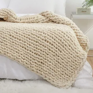 YAAPSU Grobstrickdecke Überwurf 50x60, Chenille-Überwurfdecken, grob gestrickte Überwurfdecke für Couch und Bett, weiche, große Strickdecken, großes Dickes Zopfstrick, Häkeldecken (beige)