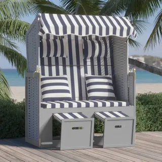 The Living Store Strandkorb mit Kissen Poly Rattan und Massivholz Blau & Weiß - Blau