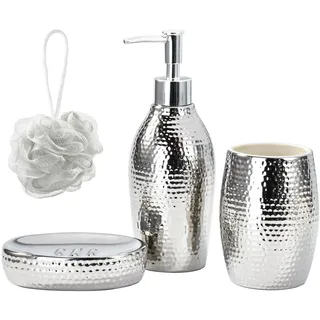 Silber Seifenspender Set, 3-teiliges Badezimmer Zubehör Set, Silber Wasserpunkt Bad, Bad Seifenschale und Luxus Zahnbürste Cup Set