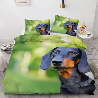 Kinderbettwäsche Dackel 135x200 cm 2teilig Mikrofaser Hunde 3D Motiv Wendebettwäsche mit Reißverschluss Kissenbezug 80x80 cm