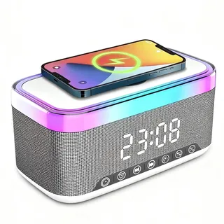 PORFOYO Smart Wecker Digital, Digitaler Wecker mit Bluetooth, mit 15W Kabellosem Ladegerät, Nachtlicht 6 Farben, Bluetooth Lautsprecher, Weiß