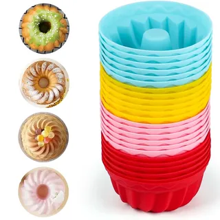 24 Stück‌ Mini Gugelhupfform Silikon Set, Gugelhupf Backform aus Silikon 4 Farben Wiederverwendbare Muffinformen für Cupcakes, Desserts & Snacks Ofen- & Mikrowellengeeignet Ø 6,5 cm, 2,7 cm Höhe