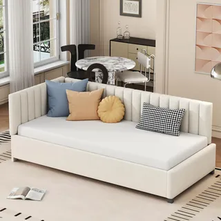 Ball & Cast Schlafsofa (90 * 200cm) Polsterbett mit Lattenrost, Tagesbett mit Armlehnen und Rückenlehne, Samt-Stoff, Ohne Matratze, Beige