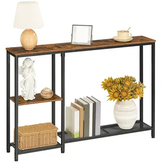 HOOBRO Schmaler Konsolentisch mit Ablagen, Flurtisch, Ausstellungsständer im Industriestil, Sofatisch, Metallgestell, für Eingangsbereich, Flur, Wohnzimmer, Vintagebraun und Schwarz EBF86XG01