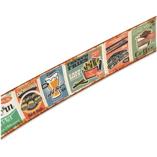 Wandtattoo Selbstklebende Retro Bordüre 2,5m x 18cm Vintage Old School Look Wanddekor Wohnzimmer Wand Küche Wandaufkleber Wandsticker W004 (Nr. 2 Food 2)