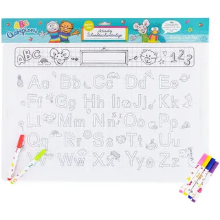 Trendhaus ABC Champions Schreibtischunterlage „Buchstaben & Zahlen“ für Kinder, Tolle Schwungübungen, Rätsel und Weltkarte zum Ausmalen, Inkl. 6 abwischbare Folienstifte