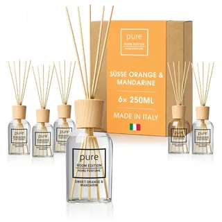 PURE ROOM EDITION 6X 250ml Orange & Mandarine Raumduft SparBox | natürliche Inhaltsstoffe, vegan & tierversuchsfrei, Bio-Alkohol, Diffuser mit Stäbchen hergestellt in Italien