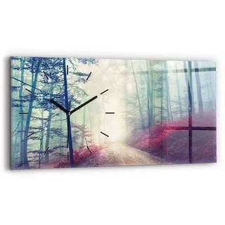 Wallfluent Wanduhr – Stilles Quarzuhrwerk - Uhr Dekoration Wohnzimmer Schlafzimmer Küche - Zifferblatt mit Strichen - schwarze Zeiger - 60x30 cm - Herbst Road Forest Nebel - Braun