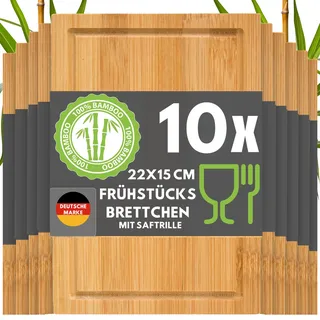 DuneDesign Frühstücksbrettchen Holz 10er Set - Bambus Holzbrett 22x15cm für Küche & Frühstück - stabiles Stullenbrett für Vesper Brotzeit und Snacks - langlebiges Schneidebrett klein - Brotbrett eckig