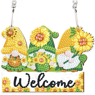 DCIDBEI Diamond Painting Haustürschild mit Kett WELCOME Sonnenblume15x15cm Diamant Malerei Ornamente Schilder Zwerg Diamond Painting Anhänger Kranz mit Kette Wandschild für Veranda Fenster Wandbehang
