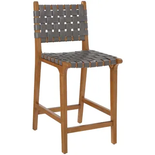 ball & cast Gewebter Tresen Barhocker mit Rückenlehne  Holz PU-Ledersitz dunkelgrau
