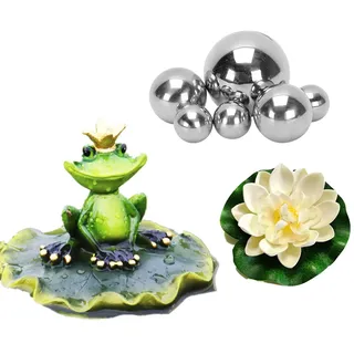 Super Idee Miniteich Deko Set Frosch auf Blatt Teichfigur mit 6 Schwimmkugeln und 2 Schwimmend Lotusblüte für Miniteich Terrassenteich Zinkwannen Solarbrunnen Garten Balkon Teiche Deko (Froschkönig)