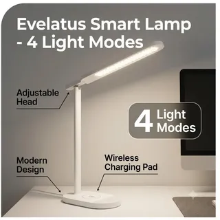 Evelatus Schreibtischlampe EWC07 Weiß mit Kabellosem Ladegerät, USB-Anschluss, 4 Lichtmodi, LED-Tischlampe für Büro, Homeoffice und Schlafzimmer - Weiß