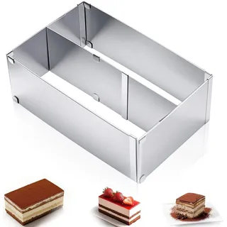 DHSWNNG 10cm Hohe Backrahmen Rechteckig Verstellbar, 28x 32cm bis 53x18cm Edelstahl Tortenring Eckig Tortenrahmen mit Teiler Zerlegbar Backring Eckig Verstellbare Kuchenform für Kuchen