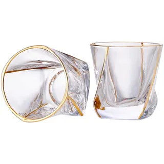GLASKEY Kristall Whiskey Gläser 2er Set mit 24K Goldrand,Bargläser,Twisted Whiskyglas Gold Kollektion für Bourbon,Scotch und Wein,Rock Barware für Männer Geschenk - 240ml