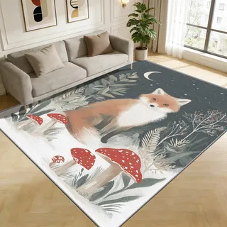 TerroVee Fuchs Teppich, Waldtiere Kleiner Teppich, Pilze Rotfuchs Tiere Waschbar Kurzflor Weich Teppiche Eingangsbereich Innen Küche, 60x90 cm, Grau Orange Weiß