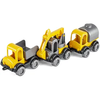 Wader 60021 - Kid Cars Spielset Baustelle, 3 gelbe Fahrzeuge mit Kipper, Kran und Trankwagen, stabile Stahlachsen, ab 12 Monaten, kreatives Spielen