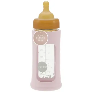 HEVEA Plastic-Free Wide Neck Glass Baby Bottle with Sleeve - Medium Flow Anti Colic Baby Bottles 3-24 months - Eco-friendly, BPA-free, Single-pack (250 ML)