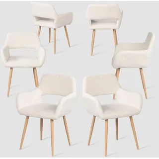 MEUBLE Cosy Esszimmerstühle 6er Set Küchenstühle Sessel Wohnzimmerstuhl Polsterstuhl mit Armlehne Rückenlehne Sitzfläche aus Sherpa Metallbeine, Skandinavisch, Weiß