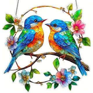 Acryl Fensterdeko Frühling Hängend, Rotkehlchen und Blumen Sonnenfänger Fenster, Fensterschmuck Hängend Ganzjährig, Vogel Deko Fenster Modern, für Wohnzimmer Garten Fensterscheibe Terrasse Wanddeko