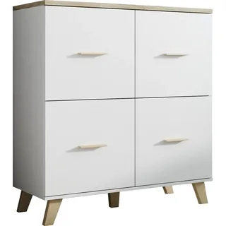 Furniture24 Kommode Lotta, 4 Türiger Wohnzimmerschrank, Schrank, Skandinavisch, Briliant Weiß, Hochschrank, Anrichte, Highboard - Weiß