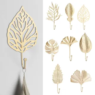 Guniata 8 Stück Garderobenhaken Gold,Kleiderhaken Blätter,Dekorative Wandhaken Gold,Aufhänger hängender Schlüsselhut Schmuck,für Eingangsbereich,Badezimmer,Schlafzimmer(golden,8pcs)