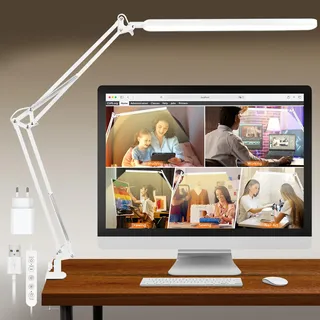 BIENSER Schreibtischlampe LED Klemmbar, Schwenkarm Architektenlampe, 38CM Große Büro Tischlampe mit 5 Farb X 11 Helligkeitsstufen, Augenschutz Klemmlampe, Memory-Funktion, Inklusive 5V/2A Netzstecker