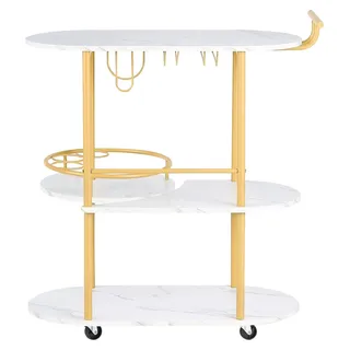 SucceBuy Barwagen mit 3 Ebenen, Servierwagen mit Weinregal und Glashalter, Moderner Rollwagen für Küche und Hausbar, Belastbarkeit von 20 kg pro Ebene, Maße: 835 x 400 x 864 mm, ideal für Wohn- und Essbereiche, in Gold