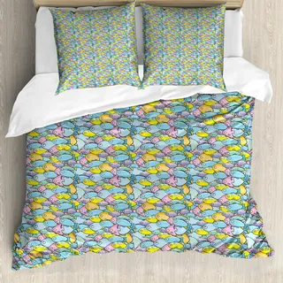 ABAKUHAUS Fische Bettbezug, Maritime Themed Fauna, Milbensicher Allergiker geeignet mit Kissenbezügen, 200 cm x 200 cm - 80 x 80 cm, Mehrfarbig