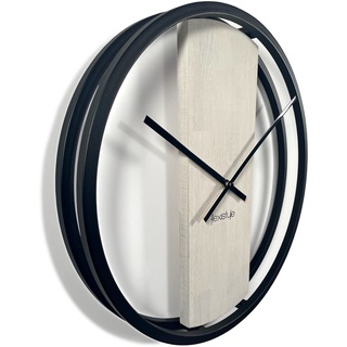 FLEXISTYLE Wanduhr groß ohne tickgeräusche LOFT OVAL Metall schwarz 3D XXL modern Holz Badezimmer Wohnzimmer (50cm Durchmesser gebleichte Eiche)