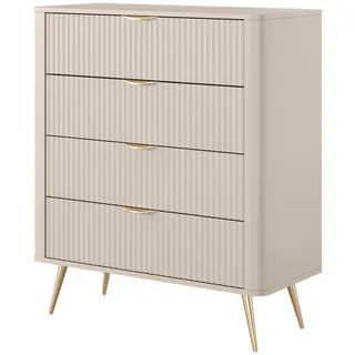 Ravio Kommode Flore 88 cm Beige / Gold - mit 4 geriffelten Schubladen , Beige, Gelb , Holzwerkstoff, Metall, Holz , Rechteckig , 88x101x38 cm , Kleinmöbel, Kommoden, Sideboards